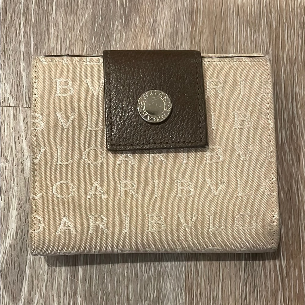 Used BVLGARI double snap compact cloth wallet w/ brown leather, purple cloth